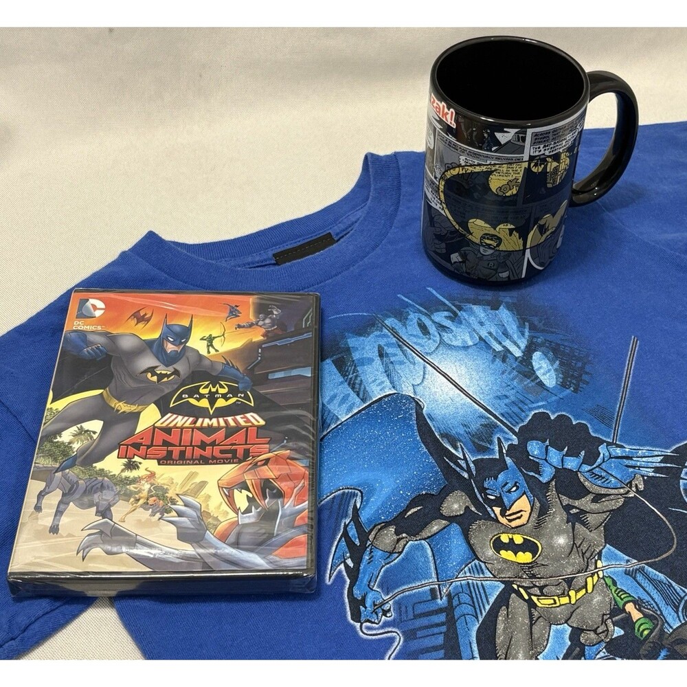 Batman Bundle Lot Kids L VTG T-Shirt, Sealed DVD & Mug DC Comics Warner Bros.